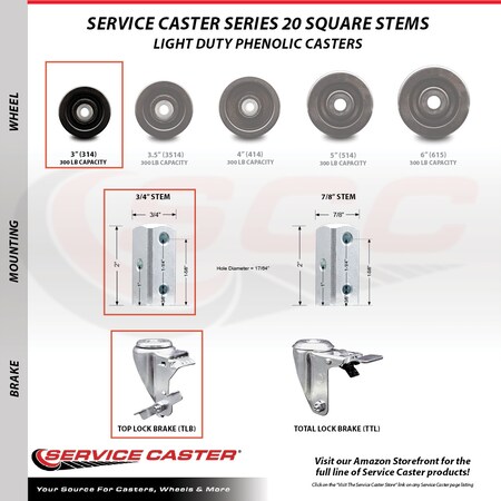 Service Caster 3 Inch Phenolic Wheel Swivel 3/4 Inch Square Stem Caster Brakes SCC, 2PK SCC-SQ20S314-PHS-TLB-34-2-S-2